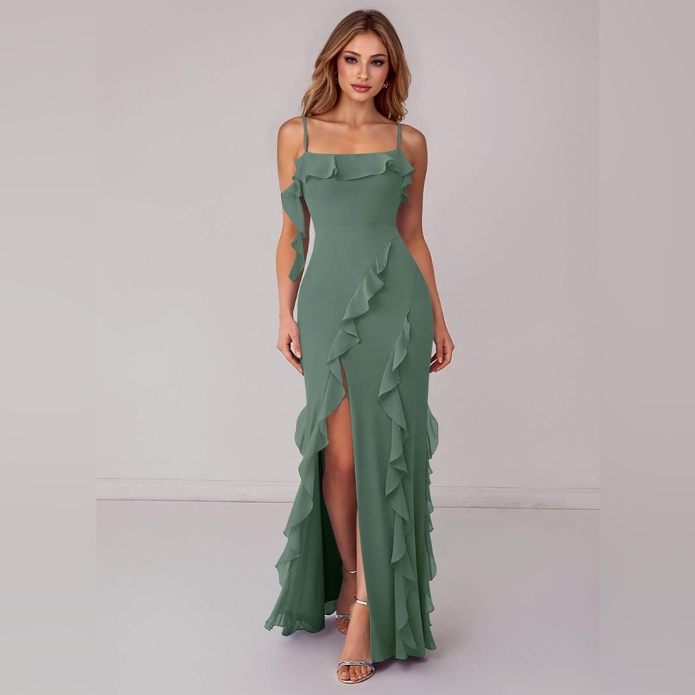 Azazie Ruffle-Trim Maxi Dress in Eucalyptus Green